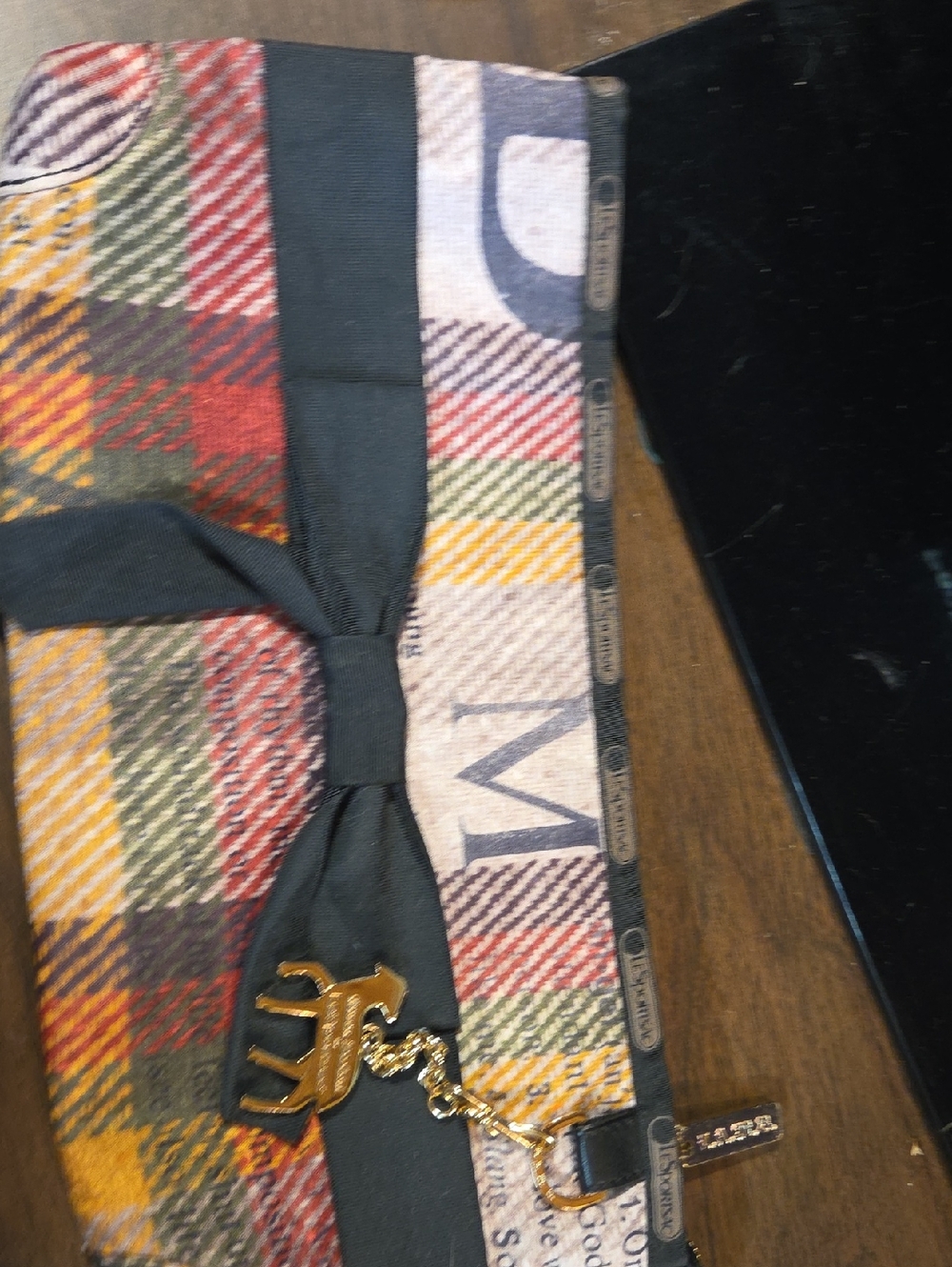 L.A.M.B. Multicolor Plaid Wristlet with Black Bow and Gold Charm